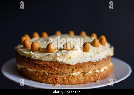Photograph of a homemade orange cake, two layers of sponge sandwiched and topped with buttercream, decorated with orange mini eggs around the edge, on Stock Photo