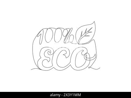 One continuous line drawing of natural and organic food typography quote - 100% Eco. Calligraphic design for print, card, label, banner, poster. Singl Stock Vector