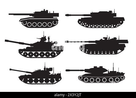 Set of silhouettes of military tanks war clash army conflict for design and gaming Stock Vector