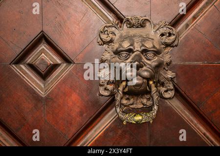 Antique door knocker designed as a lion's head, in the historic Old Town of Bolzano, South Tyrol, Italy. Stock Photo