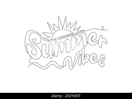 One single line drawing of cute motivational and inspirational typography quote - Summer Vibes. Calligraphic design for print, card, banner, poster. C Stock Vector