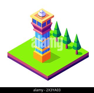 A Buildings isometric game asset art style 3D cityscape view of the top of the house and street trees Stock Vector