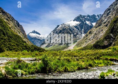 the natural view of Monkey Creek  in South island New Zealand, the place on the way to Milford Sound from Lake Te Anau. Stock Photo