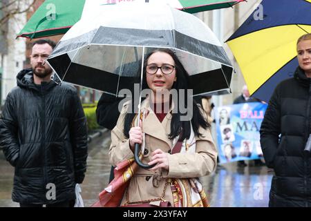 Natasha Butler, granddaughter of Paddy Butler who was killed during the Springhill Westrock killings, outside the coroners court at Laganside in Belfast. Final hearings have been taking place in a series of legacy inquests in Northern Ireland as part of an intensive court schedule ahead of Wednesday's legislative guillotine. Coroner investigations into Troubles-related deaths must cease on May 1 under the terms of the Government's contentious Legacy Act. Picture date: Monday April 29, 2024. Stock Photo