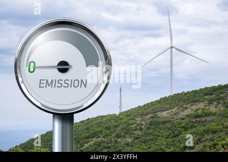 Gauge with inscription EMISSION on a background of renewable energy sources. Arrow points to zero. Concept of green energy Stock Photo