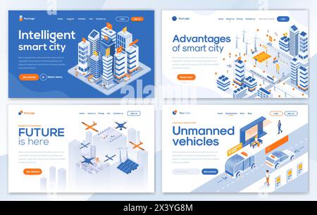 Set of Landing page design templates for Intelligent smart city, Advantages of smat city, Future is here and Unmanned vehicles. Easy to edit and custo Stock Vector