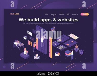 Modern flat design isometric concept of We build apps and websites for website and mobile website. Landing page template, dark theme. Easy to edit and Stock Vector