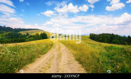 rural road through green meadows on rolling hills. hiking through carpathian rural area. mountain landscape in summer on a sunny day. ridge in the dis Stock Photo