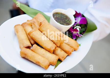Crispy spring rolls with sauce and orchid garnish. Stock Photo
