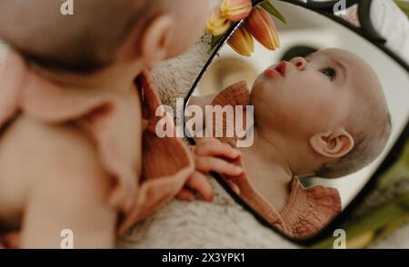 Baby discovers reflection among tulips, a moment of awe Stock Photo