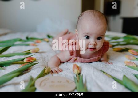 Inquisitive infant amid tulips on a cozy white blanket Stock Photo