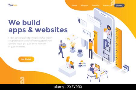 Modern flat design isometric concept of We build apps and websites for website and mobile website. Landing page template. Easy to edit and customize. Stock Vector