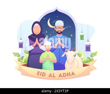 Happy Eid Al Adha Mubarak greeting with a Muslim family. Flat vector illustration Stock Vector