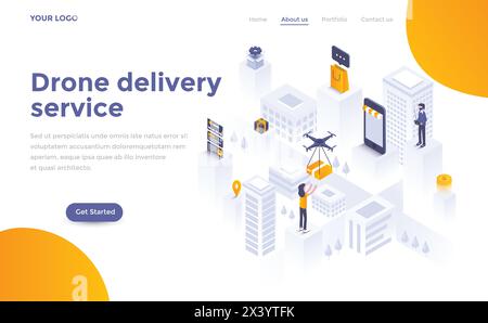 Modern flat design isometric concept of Drone delivery service for website and mobile website. Landing page template. Easy to edit and customize. Vect Stock Vector