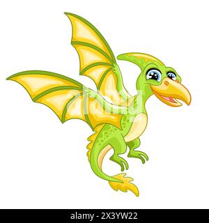 Cute cartoon flying dinosaur. Vector illustration isolated on a white background. Dino pterodactyl character. Color image for print, design, stickers, Stock Vector