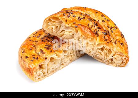 fresh puff pastry with cabbage and serving piece, isolated on white background , clipping path Stock Photo