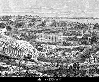 Amphitheater and landscape around Syracuse, Sicily, Italy, historical illustration 1880 Stock Photo