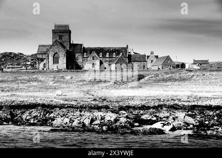 Iona Abbey, founded by St Columba in 563, the ruined remains of the Abbey and Nunnery were extensively restored from the late nineteenth century on Stock Photo