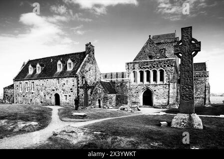 Iona Abbey, founded by St Columba in 563, the ruined remains of the Abbey and Nunnery were extensively restored from the late nineteenth century on Stock Photo