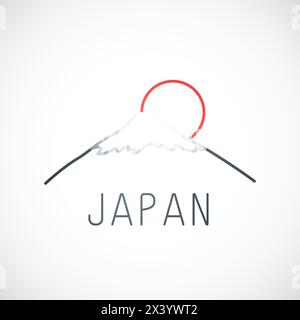 Mount Fuji Kyoto and red sun. Japan simple emblem in line style. Vector illustration. Stock Vector