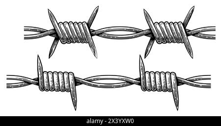 Metal steel barbed wire with thorns, spikes. Hand drawn sketch vector illustration. Tattoo engraving style Stock Vector