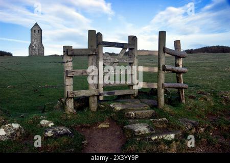 Footpath approach to the tower, all that remains of St Catherine’s Oratory, built in 1328, apparently used as a lighthouse on an island  high point Stock Photo