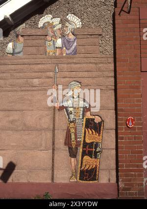 Caerleon Town Hall Wall Mosaic Mural depicting Roman heritage and life. Stock Photo