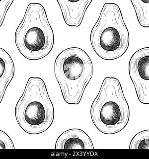 Avocado seamless Pattern. Vector background of food. Illustration with vegetable for wrapping paper or textile design. Botanical etching of Fruit. Drawing of ornament for fabrics and kitchen textiles. Stock Vector