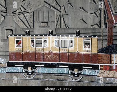 The Old Green Roundabout Mural in Newport Gwent depicting industrial heritage – coal, railways and canals - in South Wales UK. Stock Photo