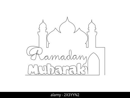 One single line drawing of Happy Eid Al Fitr Mubarak and Ramadan Kareem concept. Islamic holiday calligraphic design for print, greeting card, banner, Stock Vector