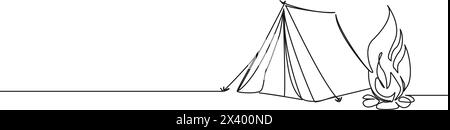 continuous single line drawing of campground with tent and campfire, line art vector illustration Stock Vector