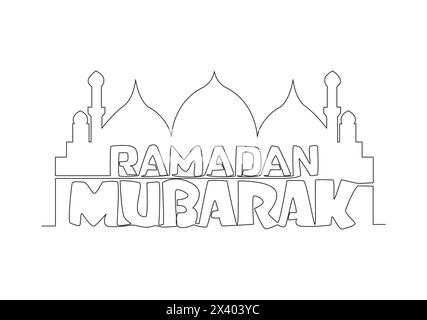 One continuous line drawing of Happy Eid Al Fitr Mubarak and Ramadan Kareem concept. Islamic holiday calligraphic design for print, greeting card, ban Stock Vector