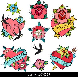 Set of hearts with the inscription mom in old school tattoo style. Stock Vector