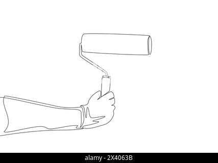 Single continuous line drawing of young young repairman painting wall using paint roller. House maintenance service concept one line draw design illus Stock Vector