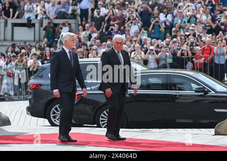 Prague, Czech Republic. 29th Apr, 2024. President of Germany Frank-Walter Steinmeier (R) and Czech President Petr Pavel (L) seen before their meeting at Prague Castle. German president Frank-Walter Steinmeier visited the Czech Republic and met with the Czech president Petr Pavel. The visit of German President Frank-Walter Steinmeier is part of a celebration of the 20th anniversary of the entry of the Czech Republic and other Central European countries into the European Union. Credit: SOPA Images Limited/Alamy Live News Stock Photo