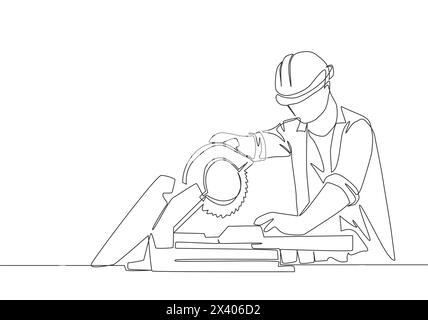 Single continuous line drawing of young attractive woodworker cutting wooden board using circular saw. Home renovation service concept one line draw d Stock Vector