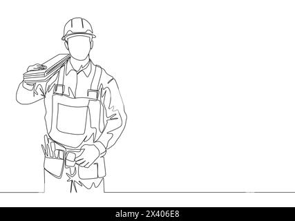 Single continuous line drawing of young handsome lumberjack on uniform carrying stack of wooden boards. Building construction service concept one line Stock Vector