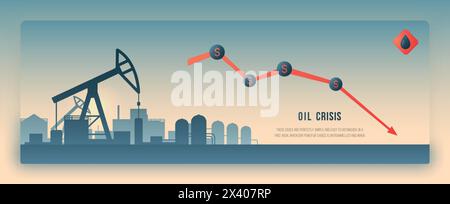 Concept design of the oil industry. Oil price drops down. Vector Oil factory silhouette for websites, banners, site header, etc. Stock Vector