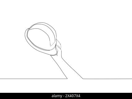 One single line drawing of man holding builder construction helmet. Worker safety tools concept. Continuous line draw vector design illustration Stock Vector