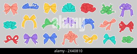 Ribbon bow sticker set. Valentine day, birthday, gift, wedding decorated tape bows. Elements for present, celebration and congratulation. Isolated on white background. Vector illustration Stock Vector