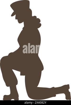 Military soldier woman on one knee. Black drawing silhouette. Memorial Day. Vector illustration Stock Vector