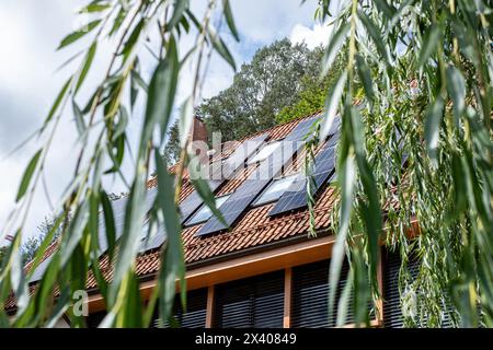Eco friendly house with a solar-powered roof, harnessing the suns energy, represents a step towards green living and energy independence. High quality Stock Photo
