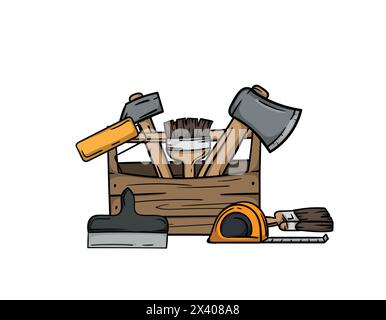 Building and Renovation. Bright vector editable illustration of a tool box, brush, tape measure and spatula Stock Vector