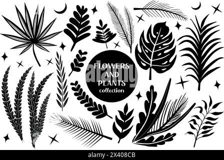 Set of black abstract flowers and leaves.botanical linocut plant and organic elements, herbs print. vector illustration Stock Vector