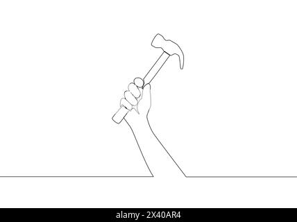 Single continuous line drawing of man holding hammer steel. Handyman tools concept. One line draw vector design illustration Stock Vector