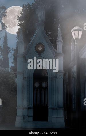 Creepy hazy full moon night in the old cemetery Stock Photo