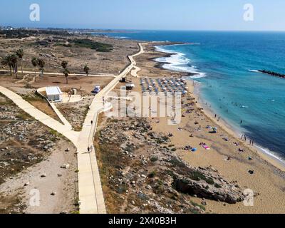 Aerial view of the paphos coastal path at Venus beach, Tomb of the Kings, Paphos, Cyprus Stock Photo