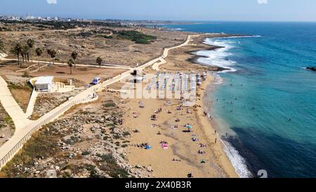 Aerial view of the paphos coastal path at Venus beach, Tomb of the Kings, Paphos, Cyprus Stock Photo
