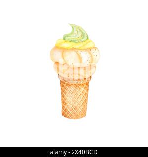 Sea buckthorn ice cream Realistic summer ice cream cone isolated on white background Mousse of buckthorn berries, botanical watercolor illustration  Stock Photo