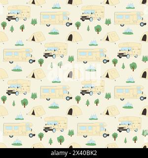 Camping seamless pattern. Van with tents and sleeping bag endless background. Vector flat illustration. Stock Vector